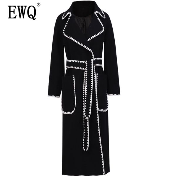 

[ewq] autumn winter new style lapel long sleeve white patchwork adjustable waist woolen coat vintage fashoin tide ah13411m 201216, Black