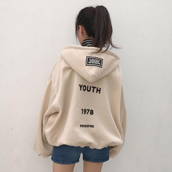 

autumn womens korean harajuku coa zipper hooded loose back letters jacket female cute japanese kawaii loose coat for women, Black;brown