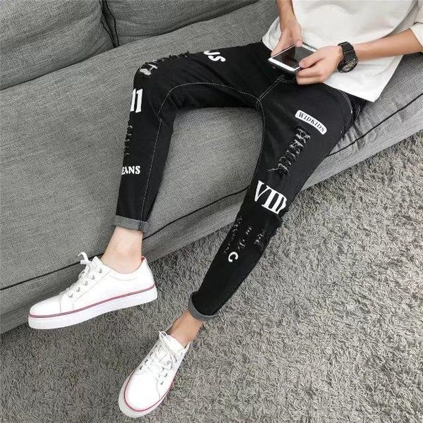 

men's jeans slim stretch pants cropped korean student ripped, Blue