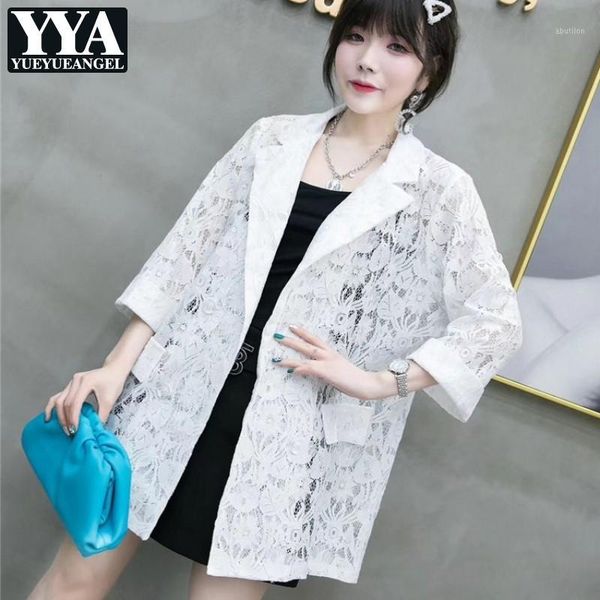 

women's suits & blazers office ladies summer lace crochet cardigan blazer jacket women hollow out mid long suit coat three quarter plus, White;black