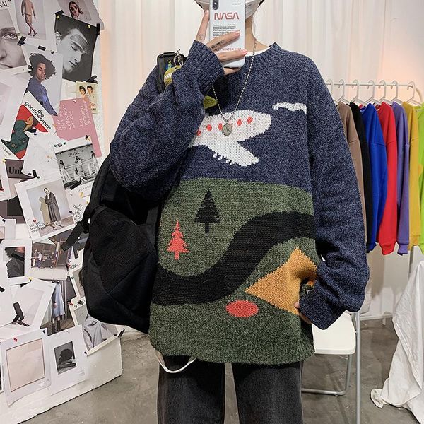 

new hip hop men sweaters retro cartoon plane pattern o-neck oversize acrylic streetwear autumn new pullover men's sweaters, White;black