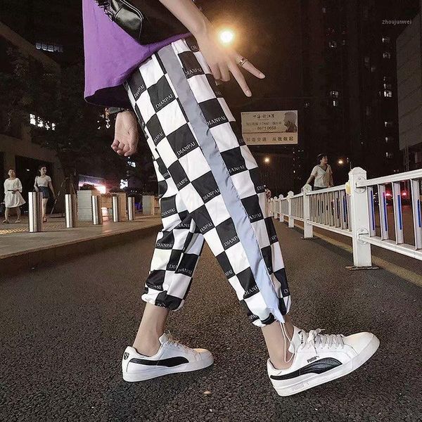 

summer hip hop casual men's pants black and white plaid big size loose sports harem reflective joggers men pants streetwear1