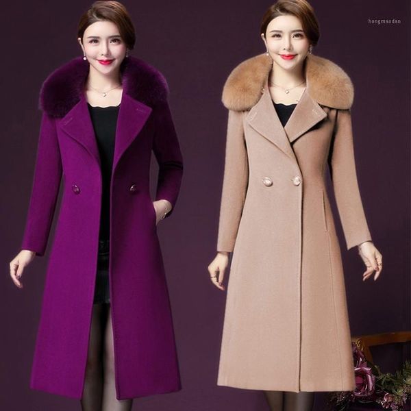 

autumn winter women faux wool coats with fur collar medium long solid slim jackets thick warm overcoat wool & blends1, Black
