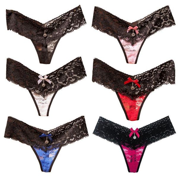 

women seamless lingerie briefs hollow sheer contrast color floral lace g-string rhinestone pendant drop bowknot thongs1, Black;pink