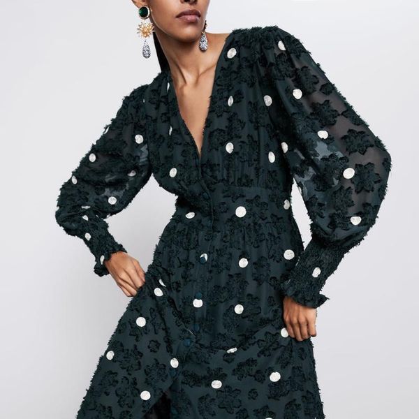 

new wave point dress women 2019 trendy v-neck long sleeve cuff honeycomb lattice elastic cuffs design charm dress wholesale1, Black;gray