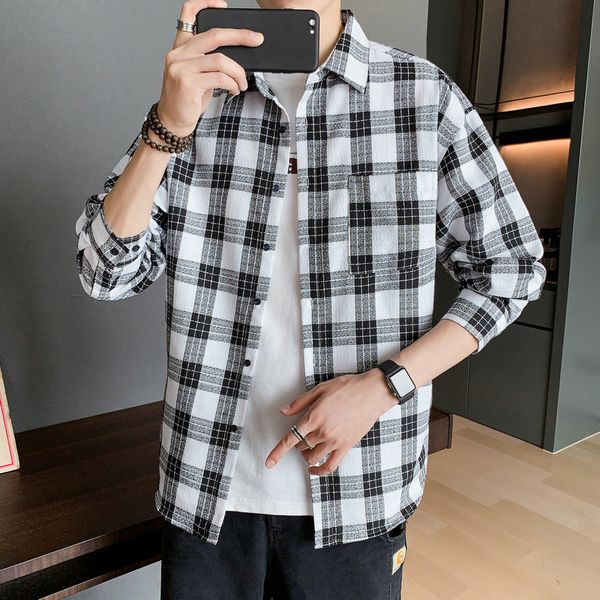 

2021 brand spring autumn long sleeves new flannel collar korea style shirt for men's plaid harajuku clothing 1v8a, White;black