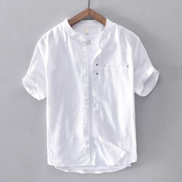 

2021 mens short sleeve stand collar cotton and linen shirt summer white shirts men casual solid shirt male camisa chemise, White;black