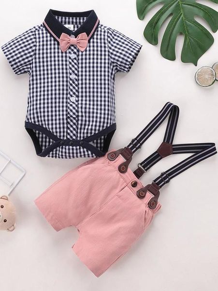 

baby gingham bow front shirt bodysuit & suspender shorts she, White