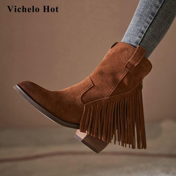

boots vichelo big size vintage short cow suede fringe pointed toe thick high heel back zip young lady dress ankle l6f2, Black