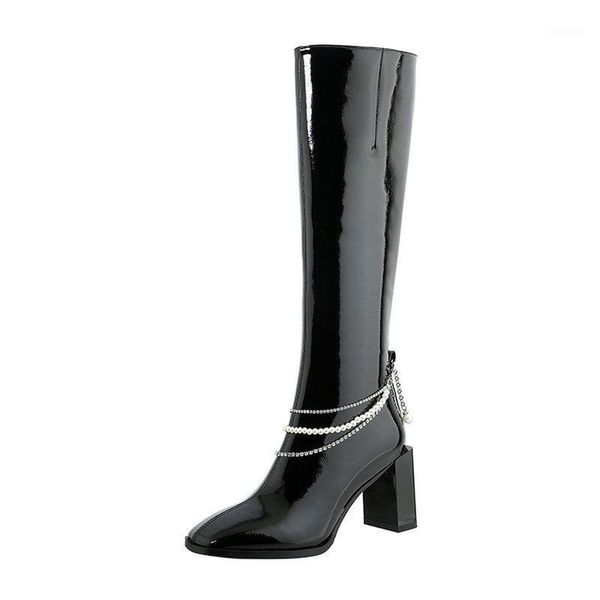 

fashion women high heels boots 2020 autumn winter genuine leather chain shoes woman night club knee high boots1, Black