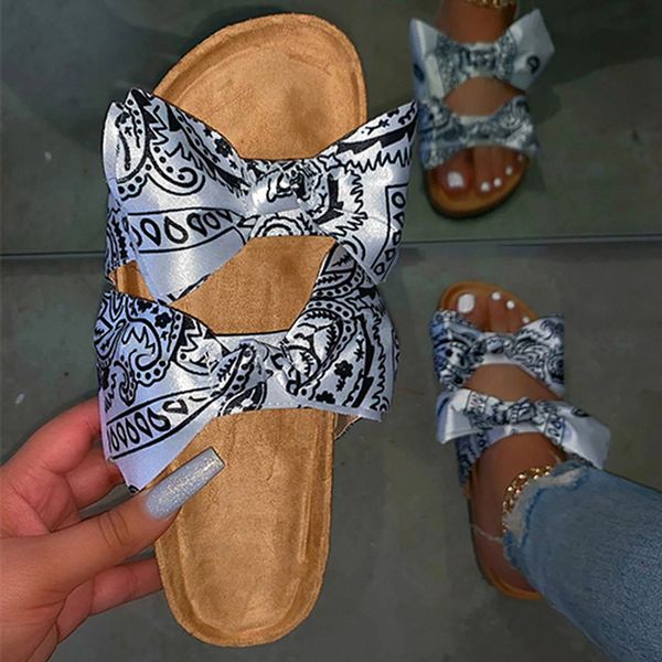 

summer sandals women slippers slide silk bow flat shoes ladies beach shoes slipper fashion slip on sandalias mujer 2020 q1223, Black