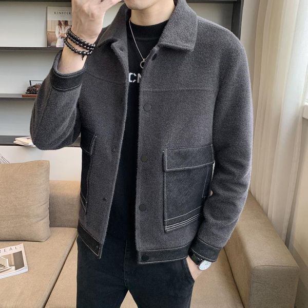 

winter korean slim fitting men's woolen jacket denim splicing british casual coat fattening plus size youth, Black