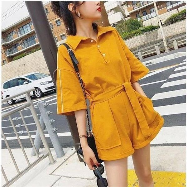 

women's jumpsuits & rompers 2021 summer women solid belt female korean short sleeve overalls elegant romper bohemian beach playsuit t38, Black;white