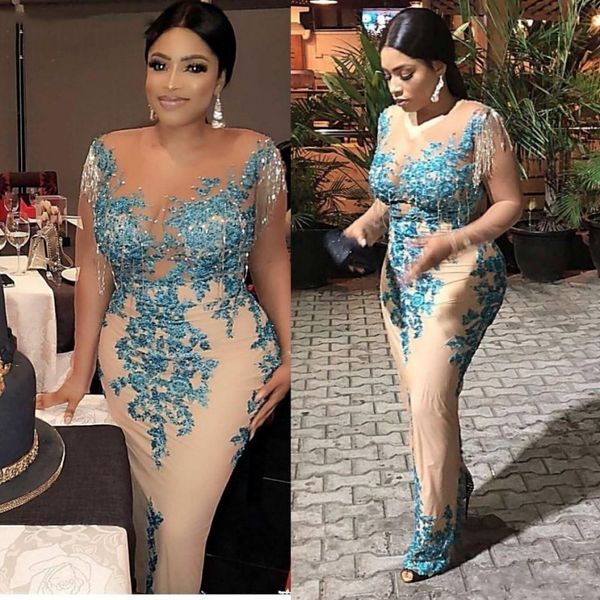

african tight illusion evening dresses appliques blue lace 2021 beads sequins nude sheer jewel neck long sheath tassel prom party dress, Black;red