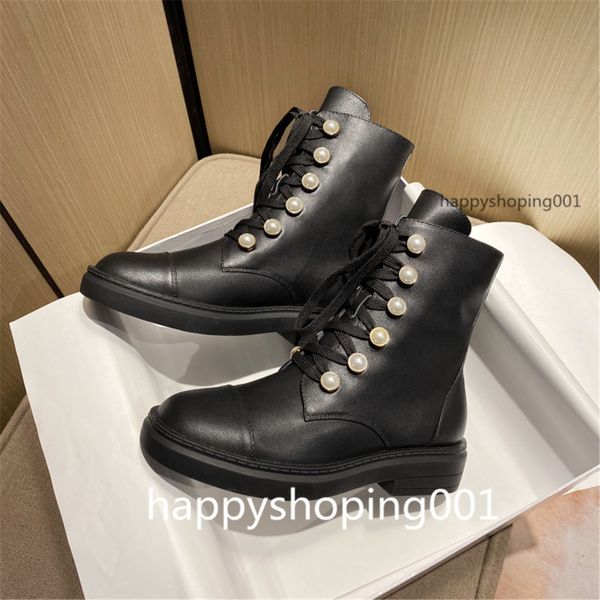 

2021 popular lace-up boots women's shoes boots martin boots pearl decoration with lether black size 35-39
