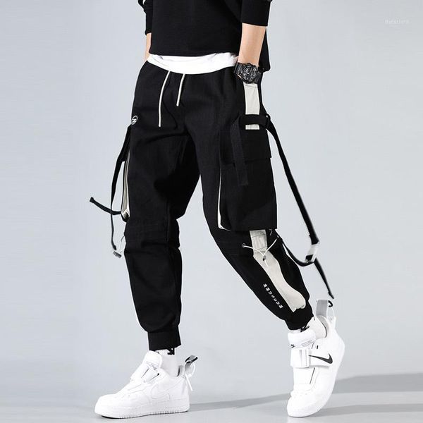

spring fashion week men ribbons streetwear cargo pants hip hop joggers pants overalls fashions baggy pockets trousers1, Black