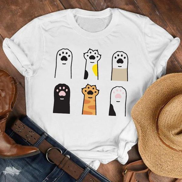 

women lady cat paw kawaii 90s fashion ladies girl cartoon shirt clothes tshirt tee womens female print t graphic t-shirt, White