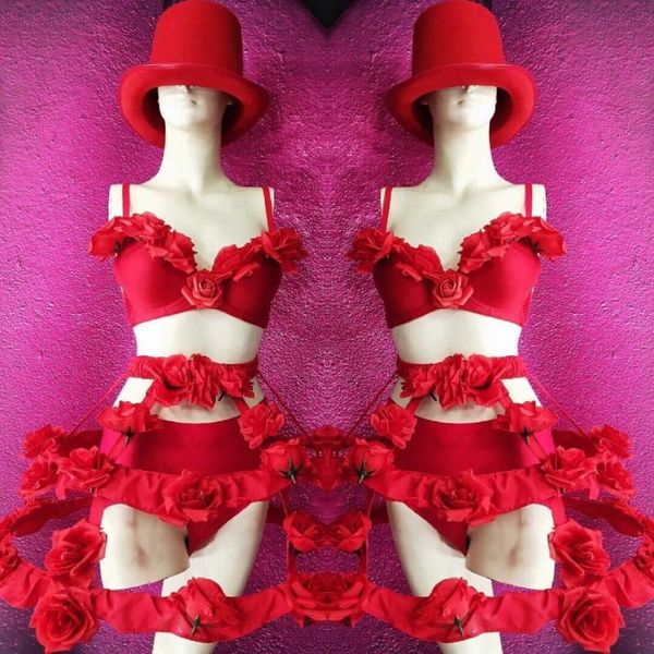 

stage wear red white rose flower love costume women performance dj show singer costumes party, Black;red