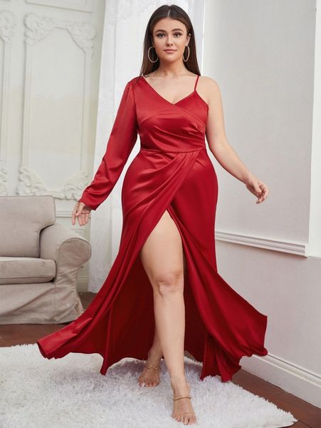 

plus asymmetrical shoulder wrap split thigh dress x2yq#, Black