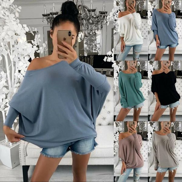

casual womens loose solid blouse ladies oversized baggy pullover autumn bottoming shirts slash neck batwing sleeve, White