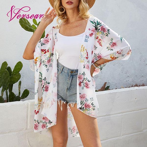 

versear women summer beachwear floral print kimono cardigan open front half sleeve loose casual bobo holiday bikini cover ups, White;black