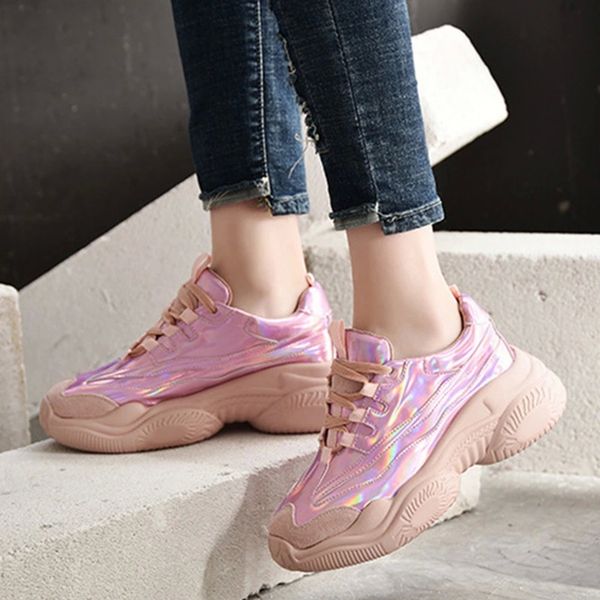 

genuine leather sneakers women casual shoes 2019 thick sole height increasing shoes women flat platform pink yellow a1370 #wr4i, Black