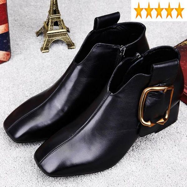 

thick buckle brand belt ankle women elegant office lady black high heel boots winter leather shoes woman botas mujer