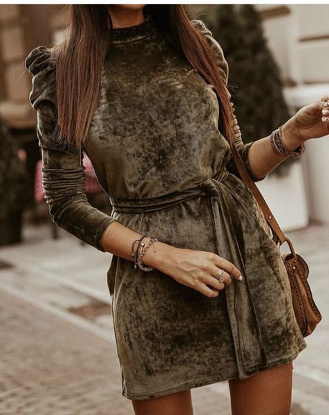 

winter long puff sleeve velvet dress for women autumn casual bodycon office dress sashes female slim solid mini party vestidos y0118, Black;gray