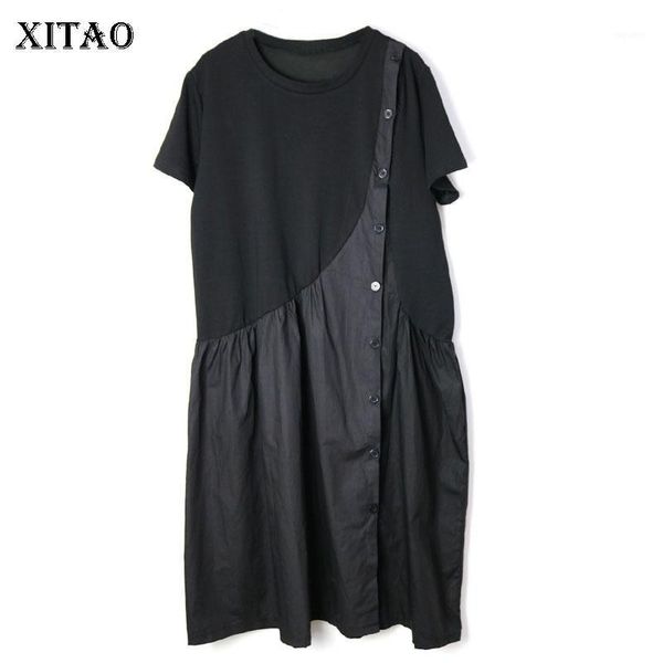 

xitao] 2020 new europe casual loose patchwork short sleeve button o-neck fashion women summer knee-length dress wbb35811, Black;gray