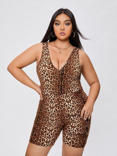 

plus leopard print unitard romper v1rt#, Black