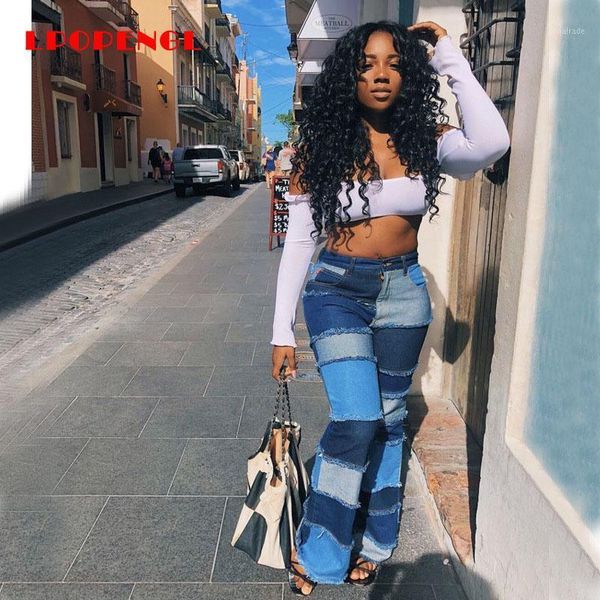 

women's jeans 2021 spring autumn high waist button long women's fashion stitching tight hip flared pants street style cotton mater, Blue
