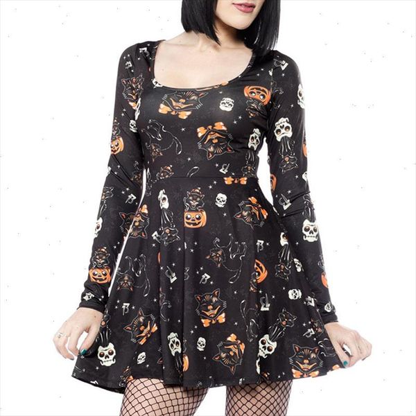 

women halloween vampire skull print casual long sleeve swing mini dress halloween party vestidos sj393v, Black;gray