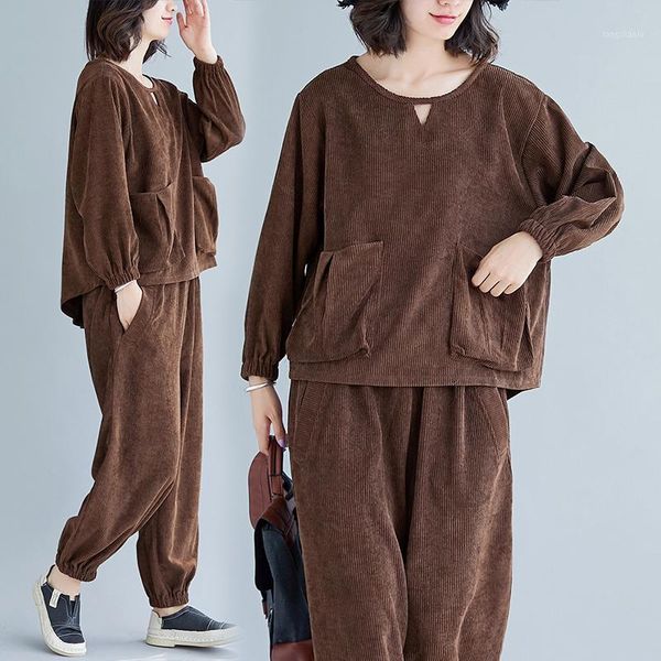 

autumn corduroy loose plus size casual set 2 piece set and pants fashion ensemble femme survetemen year-old female costume1, Gray