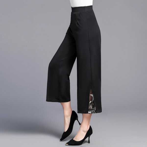 

2021 new middle-aged mother wide leg summer elastic high waist lace patchwork straight pants casual women trousers y376 37yb, Black