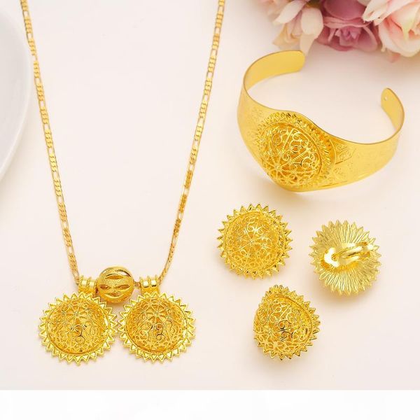 

valuable 24k real solid fine gold filled big twin pendant lovable smiling face wedding jewelry sets heavy luxurious bridal romantic women, Black