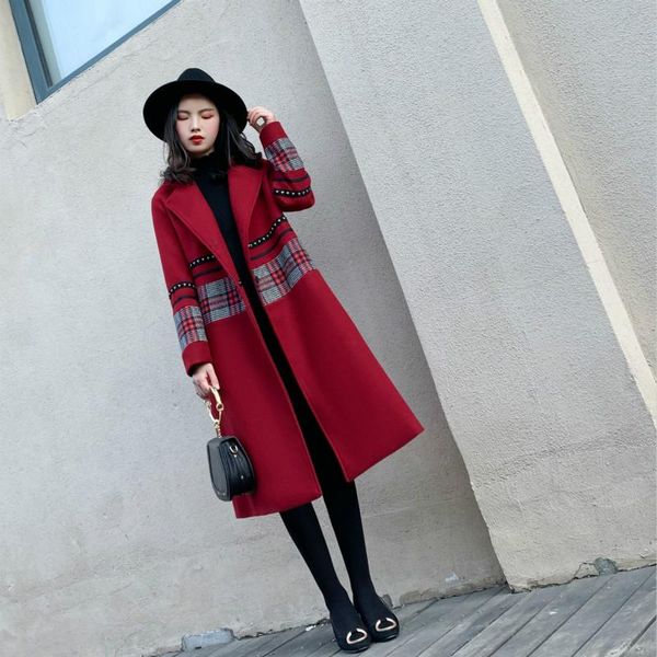 

women's wool & blends autumn winter red woolen coat mid-length over-the-knee overcoat 2021 korean loose coats jackets female m862, Black