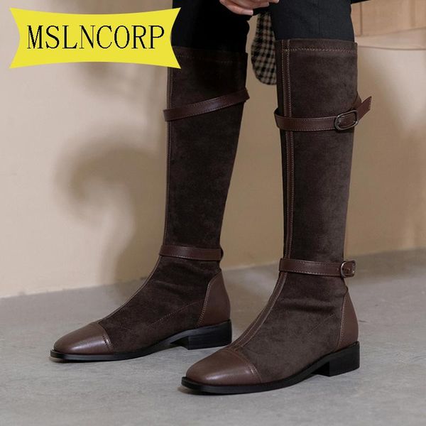 

plus size 34-48 new flock leather women over the knee boots belt buckle high heels autumn woman shoes winter women boots, Black