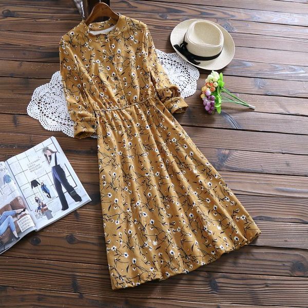 

autumn winter women sweet corduroy dress stand collar print long sleeve femininos vestidos mori girl elegant loose-waist dress1, Black;gray