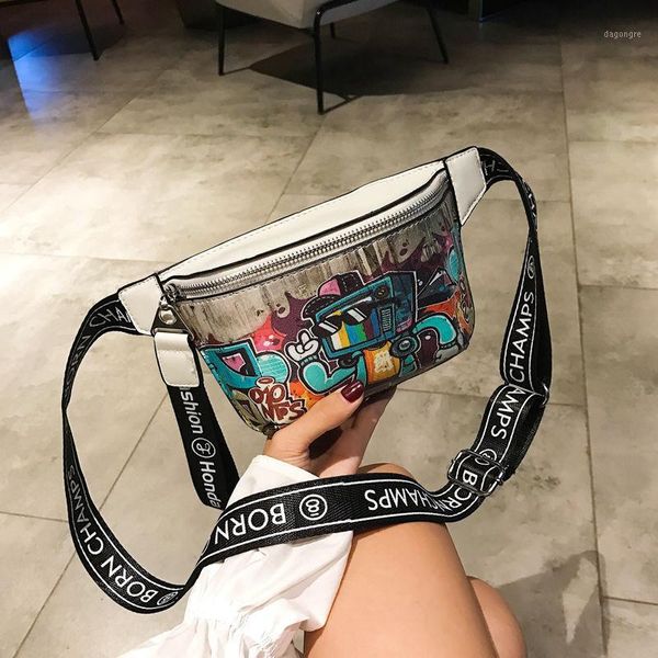 

waist bags women fanny pack fashion belt bag leather graffiti printing waterproof phone pouch chest hipbag1