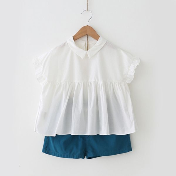 

2021 new clothing summer cotton peter pan collar short two-piece children sets casual girls clothes suit rdpd, White