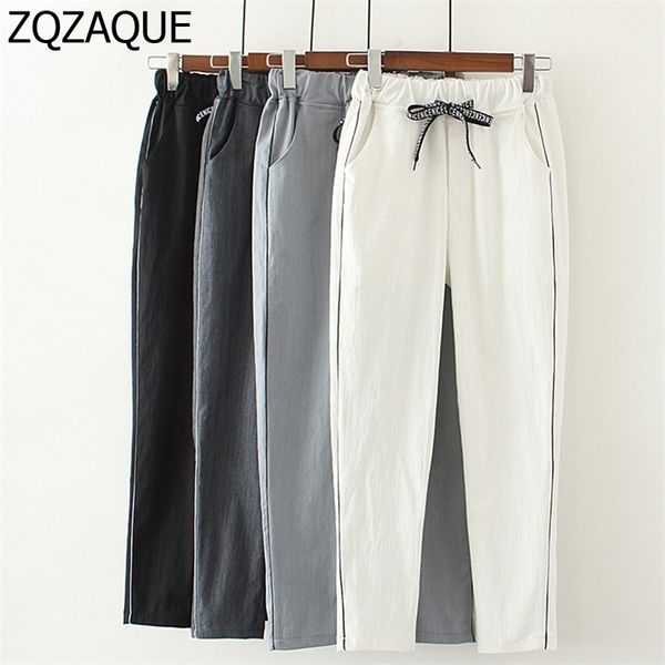 

summer autumn new girls casual elastic waist cotton linen harem pants women's fashion ankle-length pants with pockets sy1273 201106, Black;white