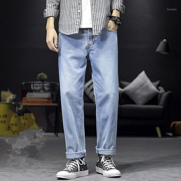 

shabiqi men's stretch jeans summer men straight cotton denim pants loose fit trousers new brand menswear 28-381, Blue