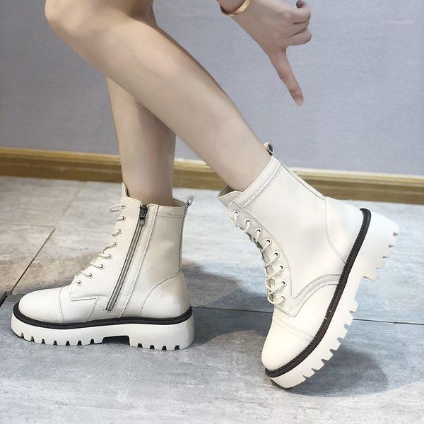 

women leather boots fashion motorcycle women ankle boots lace up platform short womens combat white ladies shoes1, Black