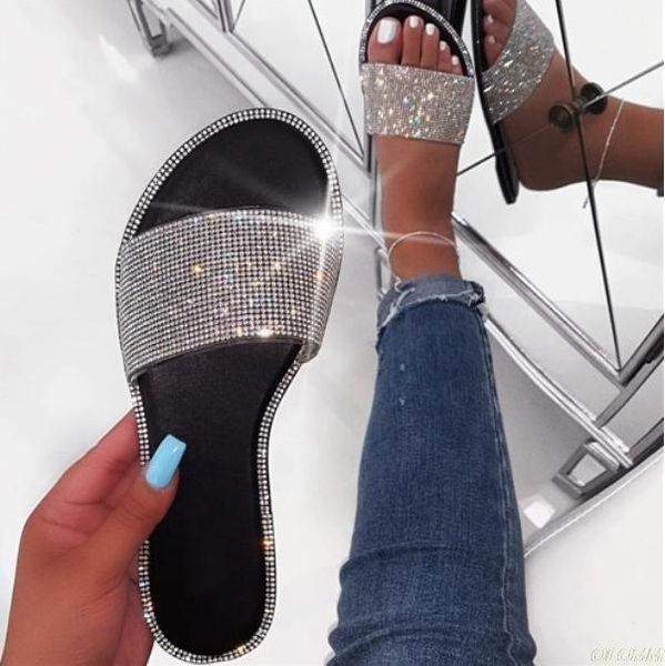 

summer slippers women slides crystal bling flat shoes beach outside female slippers casual flip flops femmes 2020 new big size1, Black
