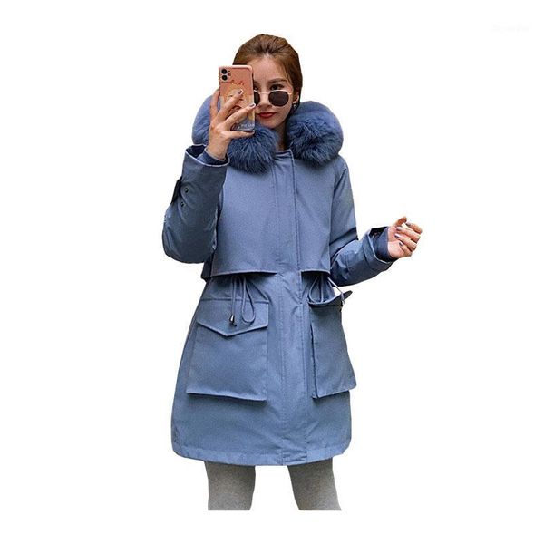 

women's long winter big pocket hooded windproof down jacket with fur collar oversized cotton pad parka coat1, Black