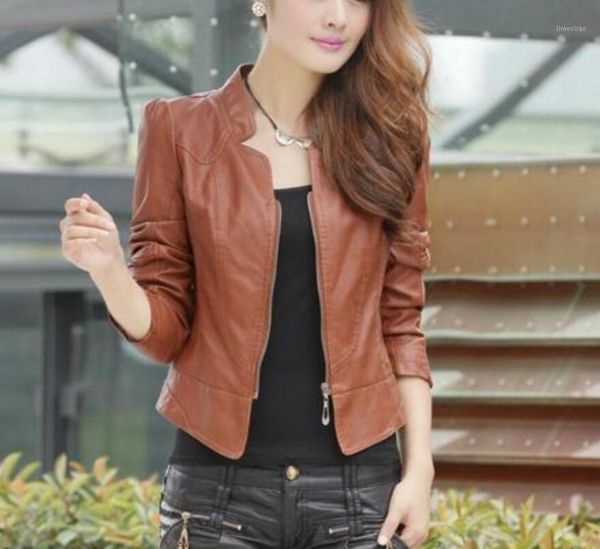 

autumn and winter wear new short paragraph slim wash washing machine ladies leather coat pu large size coat1, Black