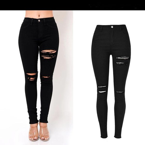 

2021 spring black ripped jeans for women streetwear vintage casual high waist hole mom jeans woman skinny trousers femme, Blue