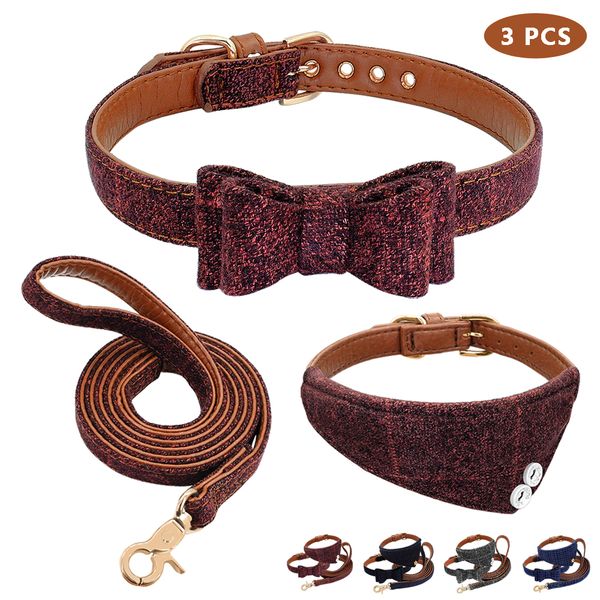 

leather with cloth lattice ring belt cover adjustable dog collar and handkerchief