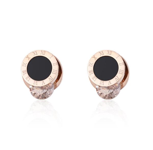

black enamel roman numeral round zircon 316l titanium steel rose gold earrings creative simple fashion earrings, Silver