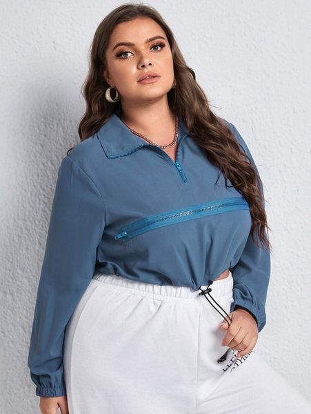 

plus half zip drawstring crop sweatshirt o5dh#, Black